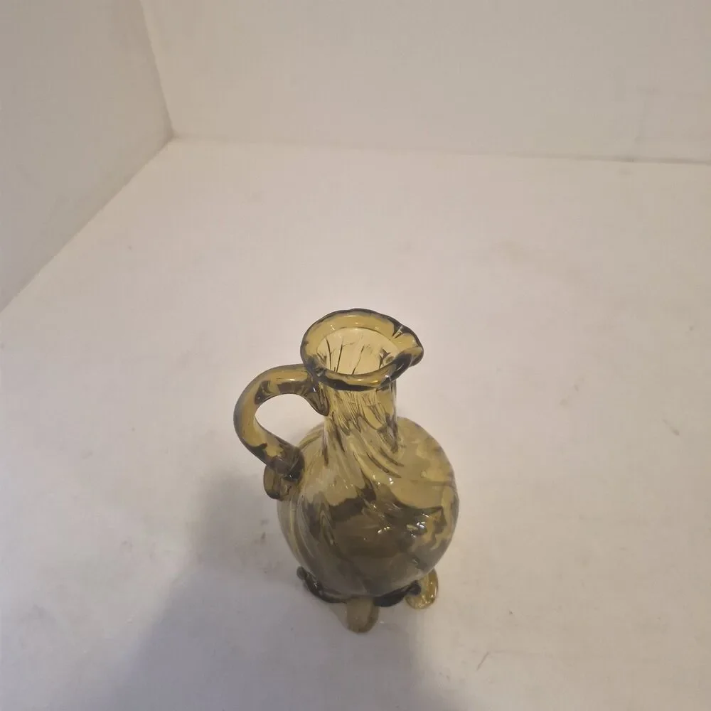 Vintage Amber Hand Blown Twisted Glass Cruet Decanter with Feet 6.5 Inch